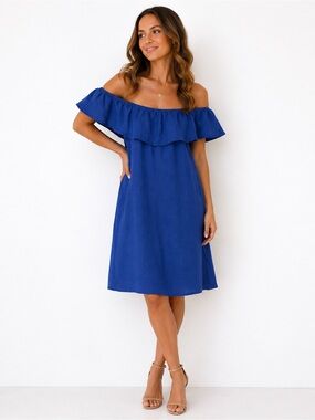 TOMMY BAHAMA ST LUCIA LINEN RUFFLE OFF SHOULDER BLUE COASTAL RESORT DRESS SZ S